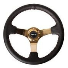 Load image into Gallery viewer, NRG Reinforced Steering Wheel (3in Deep / 4mm) 350mm Blk Leather w/Red BBall Stitch & Gold Spoke