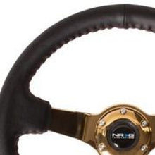 Load image into Gallery viewer, NRG Reinforced Steering Wheel (3in Deep / 4mm) 350mm Blk Leather w/Red BBall Stitch & Gold Spoke
