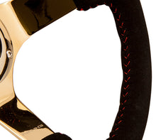 Load image into Gallery viewer, NRG Reinforced Steering Wheel (350mm / 3in. Deep) Blk Suede w/Red BBall Stitch & Chrome Gold 3-Spoke