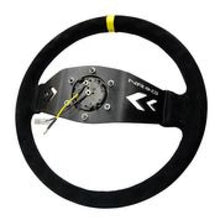 Load image into Gallery viewer, NRG Reinforced Steering Wheel (350mm / 3in. Deep) Blk Suede w/NRG Arrow Cut 2-Spoke & Yellow Mark