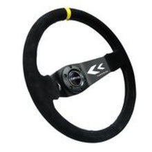 Load image into Gallery viewer, NRG Reinforced Steering Wheel (350mm / 3in. Deep) Blk Suede w/NRG Arrow Cut 2-Spoke & Yellow Mark