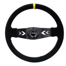 Load image into Gallery viewer, NRG Reinforced Steering Wheel (350mm / 3in. Deep) Blk Suede w/NRG Arrow Cut 2-Spoke & Yellow Mark