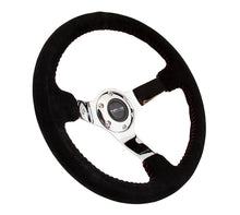 Load image into Gallery viewer, NRG Reinforced Steering Wheel (350mm / 3in. Deep) Blk Suede w/Red BBall Stitch & Chrome 3-Spoke