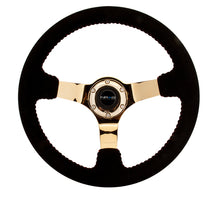 Load image into Gallery viewer, NRG Reinforced Steering Wheel (350mm / 3in. Deep) Blk Suede w/Red BBall Stitch & Chrome Gold 3-Spoke