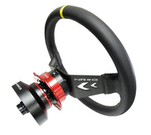 Load image into Gallery viewer, NRG Reinforced Steering Wheel (350mm / 3in Deep) Blk Leather w/NRG Arrow-Cut 2-Spoke & Sgl Yellow CM