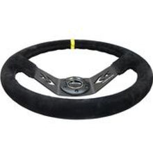 Load image into Gallery viewer, NRG Reinforced Steering Wheel (350mm / 3in. Deep) Blk Suede w/NRG Arrow Cut 2-Spoke & Yellow Mark