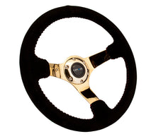 Load image into Gallery viewer, NRG Reinforced Steering Wheel (350mm / 3in. Deep) Blk Suede w/Red BBall Stitch & Chrome Gold 3-Spoke