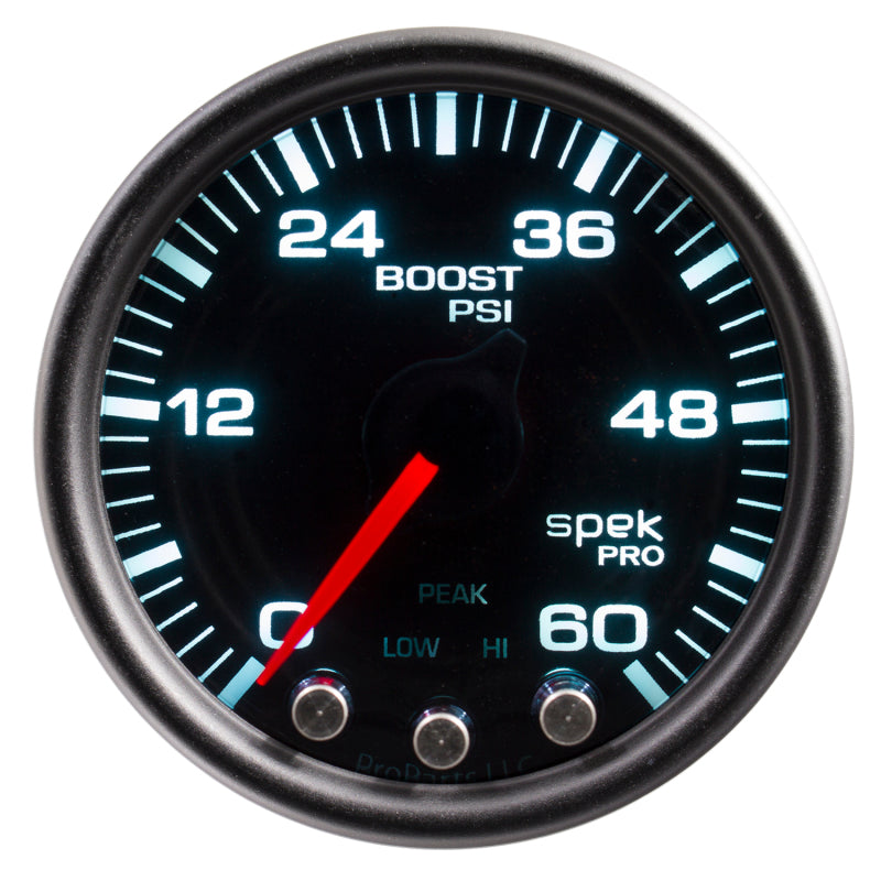 Autometer Spek-Pro Gauge Boost 2 1/16in 60psi Stepper Motor W/Peak & Warn Blk/Smoke/Black