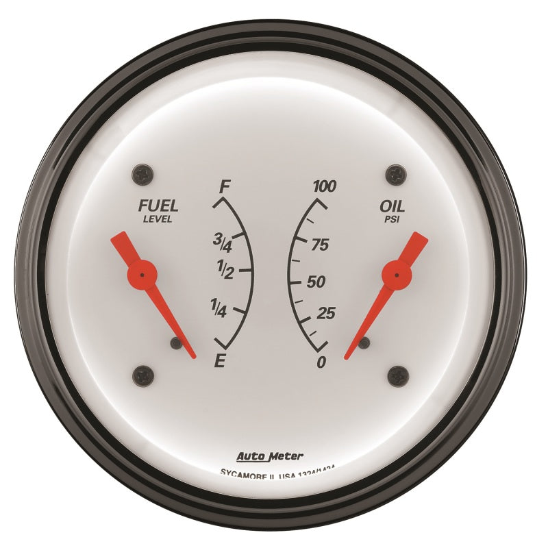 AutoMeter Gauge Dual Fuel & Oilp 3-3/8in. 0 Ohm(e) to 90 Ohm(f)& 100PSI Elec Arctic White