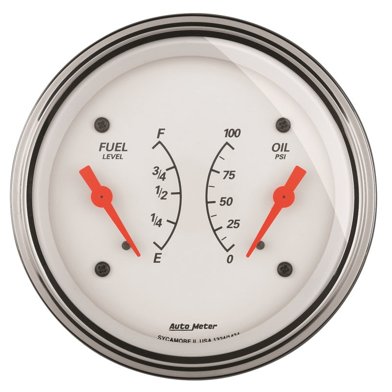 AutoMeter Gauge Dual Fuel & Oilp 3-3/8in. 0 Ohm(e) to 90 Ohm(f)& 100PSI Elec Arctic White