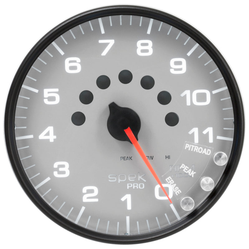 AutoMeter Gauge Tachometer 5in. 11K RPM W/Shift Light & Peak Mem Silver/Black Spek-Pro