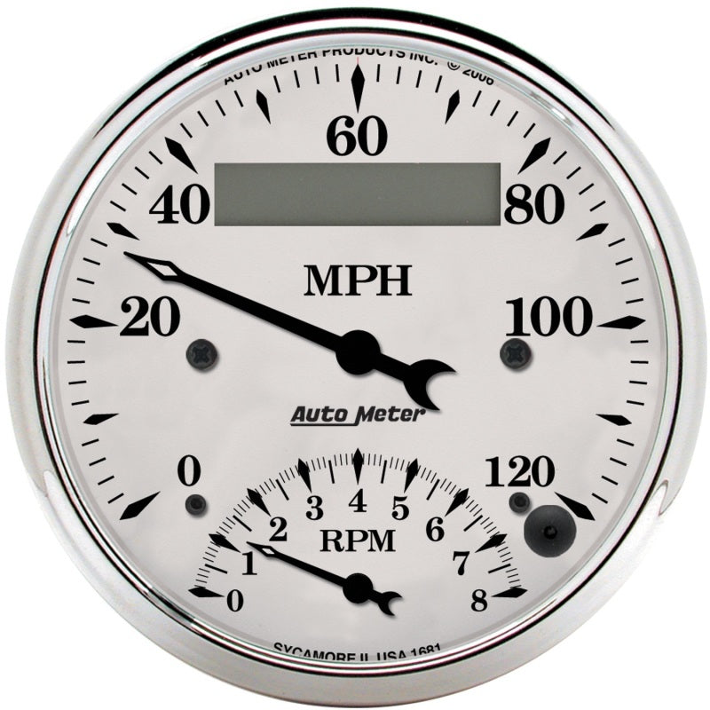 AutoMeter Gauge Tach/Speedo 3-3/8in. 120MPH & 8K RPM Elec. Program. Old Tyme Wht