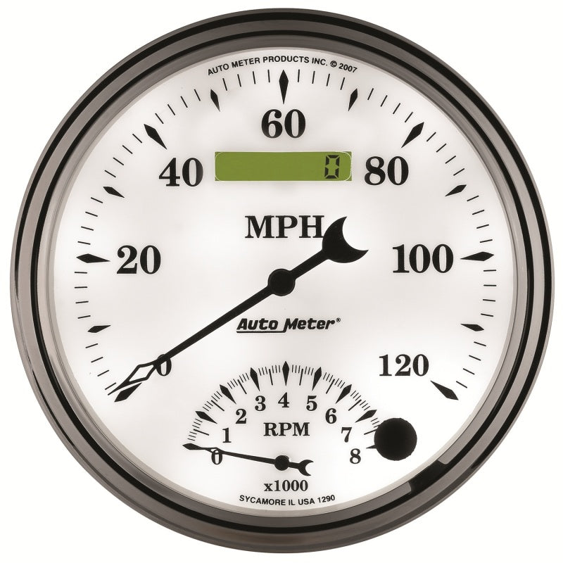 AutoMeter Gauge Tach/Speedo 5in. 120MPH & 8K RPM Elec. Program Old Tyme White II